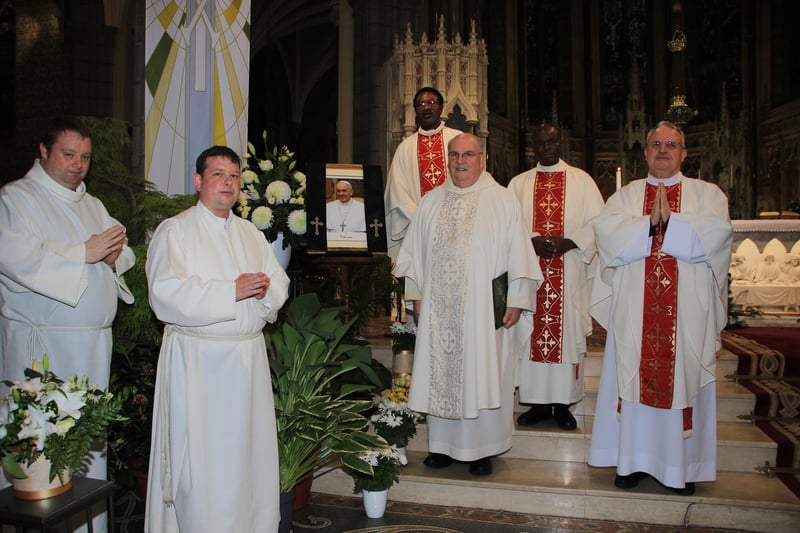 Requiem Mass for Pope Francis in Newry Cathedral held on Friday 25th April on the eve of his funeral mass. l-r Daniell, Anthony, Fr. Alphonus, Canon Francis Brown, Fr. John and Fr. Wojciech.INNR1706