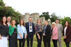 Newry, Mourne and Down District Council Chairperson, Councillor Pete Byrne with Alice Mansergh CEO Tourism Ireland on a visit to Killeavy Castle with representatives from Mourne Gullion Strangford Geo Park:  (L-R): Ann Ward Xhale; Brian Hoey Mountain Ways Ireland; Annie David Two Stacks Whiskey; Sheryl Murphy Director Sales and Marketing Killeavy Castle; Orla Hayes Canal Court Hotel and Spa; Tracey Mooney Product Development and Trade Engagement Officer Newry, Mourne and Down District Council; Matthews Hynds General Manager Killeavy Castle and Helen McGorman Head of Stakeholder Engagement NI.