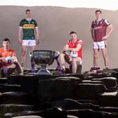 Robert Finnerty of Galway, Paul Geaney of Kerry, Sam Mulroy of Louth and Ethan Rafferty of Armagh, pictured today for AIB at the launch of the 2025 GAA All-Ireland Senior Football Championship. This year marks a significant milestone as AIB celebrates its 10th year as sponsor of the All-Ireland Senior Football Championship, a decade of unwavering support for Gaelic Games. Pic: ©INPHO/Dan Sheridan