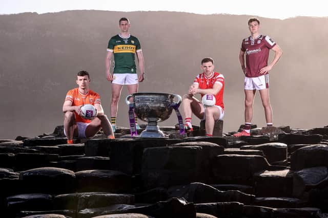 Robert Finnerty of Galway, Paul Geaney of Kerry, Sam Mulroy of Louth and Ethan Rafferty of Armagh, pictured today for AIB at the launch of the 2025 GAA All-Ireland Senior Football Championship. This year marks a significant milestone as AIB celebrates its 10th year as sponsor of the All-Ireland Senior Football Championship, a decade of unwavering support for Gaelic Games. Pic: ©INPHO/Dan Sheridan