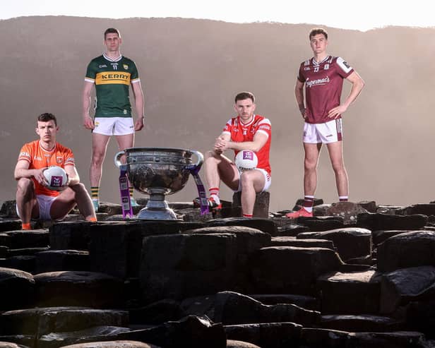 Robert Finnerty of Galway, Paul Geaney of Kerry, Sam Mulroy of Louth and Ethan Rafferty of Armagh, pictured today for AIB at the launch of the 2025 GAA All-Ireland Senior Football Championship. This year marks a significant milestone as AIB celebrates its 10th year as sponsor of the All-Ireland Senior Football Championship, a decade of unwavering support for Gaelic Games. Pic: ©INPHO/Dan Sheridan