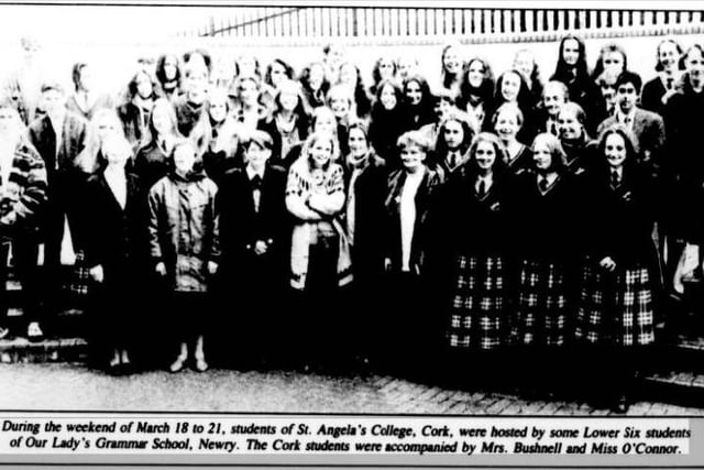 Students of St Angela's College, Cork, were hosted by some Lower Sixth students of Our Lady's Grammar School, Newry. The Cork students were accompanied by Mrs Bushnell and Miss O'Connor.