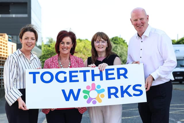 Pictured at the launch of a new pilot scheme ‘Together Works’ to support adults with moderate learning difficulties in Newry are: Liz Kimmins MLA, Board member Together Works, Edwina Flynn, Newry Chamber of Commerce, Economy Minister Dr Caoimhe Archibald, who formally launched the initiative and Brian Doran, former CEO of SRC and Chair of Together Works Board.