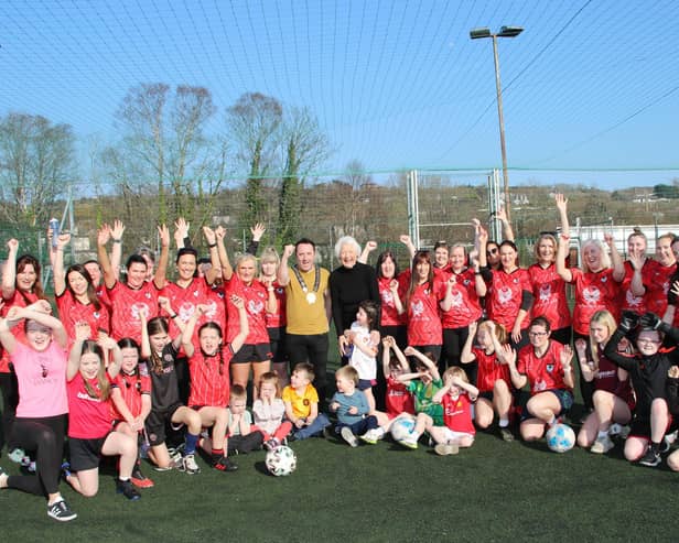 Ashgrove Social Ladies with an age group of 23 to 65 held a 7-a-side football celebration for International Women's Day and guest of honour Lady Mary Peters and Chairperson NMDDC Councillor Pete Byrne who joined with the organisers Maria Havery, Amy Burns and Josie Burns on Sunday at Newry Show grounds INNR1025