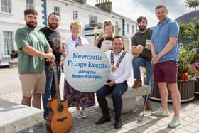 Newry, Mourne and Down District Council Chairperson Councillor Pete Byrne with (Left to Right) Steven Rafferty, Musician; Rob Manley, Shindig Arts; Mairead Sweeney Newcastle Food and Drink Tour Guide; Amy Spiers, Nugelato; Neil King, The Birch and Michael Nugent, Nugelato.