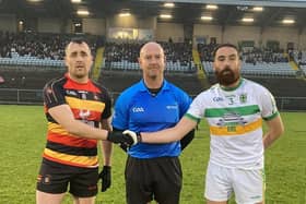 St Patrick's Cullyhanna captain Pearse Casey and Liatroim Fontenoys captain Gerard McAnulty pictured with the referee Enda McFeely ahead of their Ulster IFC Semi-final clash. Picture: Ulster GAA