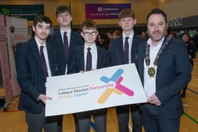 Newry, Mourne and Down District Council Chairperson, Cllr Pete Byrne is photographed alongside Sam Watson, David Robinson, Alfie Miskelly and Charlie Hutchinson from Newtownhamilton HS.