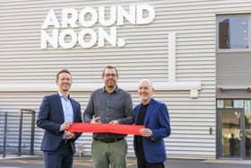 Pictured at the opening of Around Noon's new facility in Slough are CEO Gareth Chambers, operations director Wesley Jenkins, and chairman Howard Farquhar.
