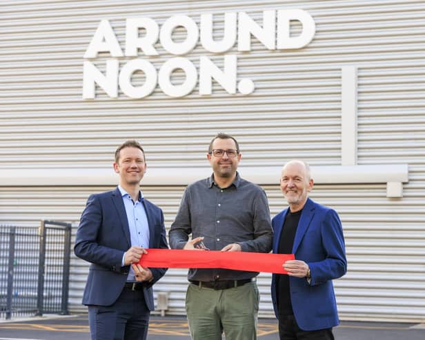 Pictured at the opening of Around Noon's new facility in Slough are CEO Gareth Chambers, operations director Wesley Jenkins, and chairman Howard Farquhar.