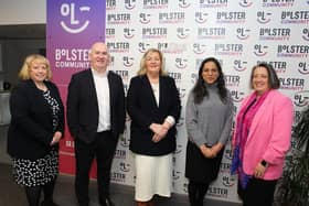 Pictured left to right is Gillian Anderson (Deputy Agent N.I. Agency BOE), Paul Slevin (Treasurer Bolster Community), Jacinta Linden (CEO Bolster Community), Dr Swati Dhingra (External Member of the Monetary Policy Committee BOE), Francis Hill (Agent N.I. Agency BOE).