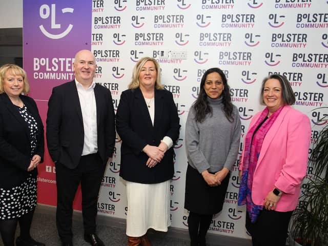 Pictured left to right is Gillian Anderson (Deputy Agent N.I. Agency BOE), Paul Slevin (Treasurer Bolster Community), Jacinta Linden (CEO Bolster Community), Dr Swati Dhingra (External Member of the Monetary Policy Committee BOE), Francis Hill (Agent N.I. Agency BOE).