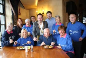 Council Chairperson Councillor Pete Byrne joins with Newry Cancer Research Committee Members, Aibhín Frizzell and Kevin Shine (Bellini's) to launch the Big Breakfast. Come along and support this hard working committee. INNR1042