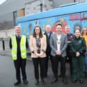 Newry, Mourne and Down District Council Chairperson at Newry Leisure Centre pictured with (l-r) Paul Beggs, Translink; Ruth Hamilton, Environmental Health Officer, Newry, Mourne and Down District Council, Chris O'Neill, Translink; Diarmid Sloan, NI Fire and Rescue, Mary Flannigan, PSNI; Alannah Brennan, Newry, Mourne and Down District Council; David Hunter, Northern Ireland Fire and Rescue and Sian Burns Home Safety student.